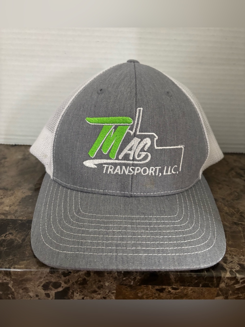 Richardson TMAG TRANSPORT LLC Trucker Hat Cap Gray White Mesh Flexfit SnapBack